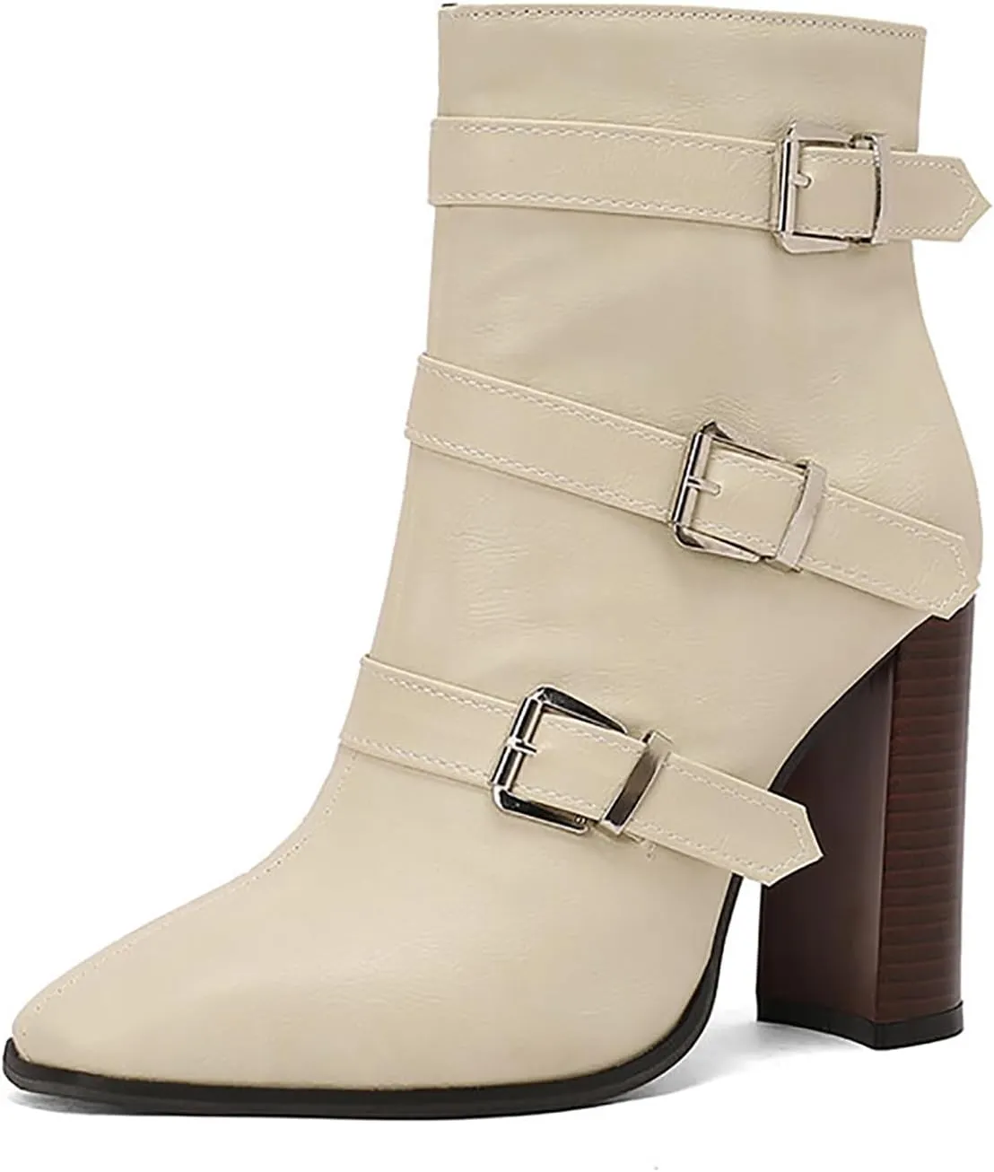 Women's Printed Leather Chunky High Heel Ankle Boots with Side Zipper Fashion Buckle Strap Pointed Toe Comfort Stack Heel Short Bootie Fall Winter Walking Dress Boots