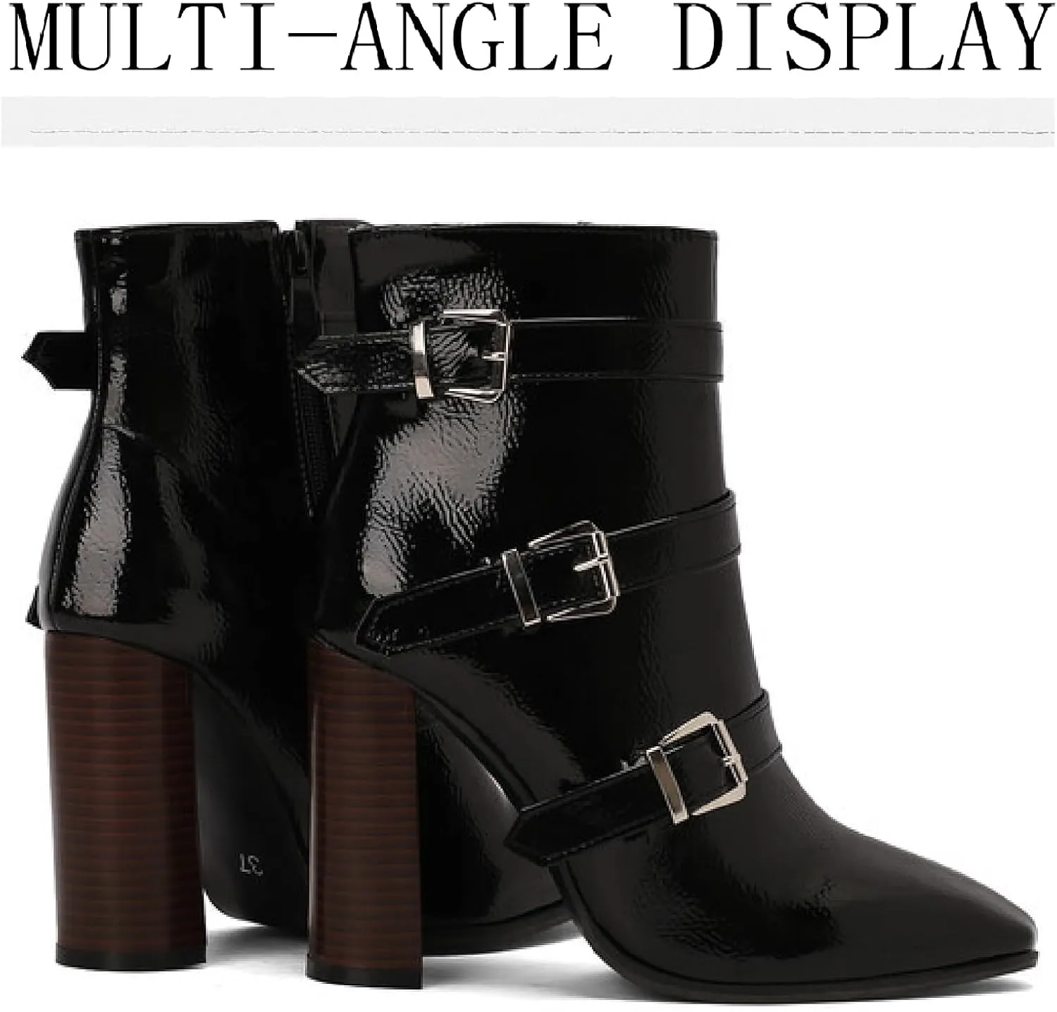 Women's Printed Leather Chunky High Heel Ankle Boots with Side Zipper Fashion Buckle Strap Pointed Toe Comfort Stack Heel Short Bootie Fall Winter Walking Dress Boots