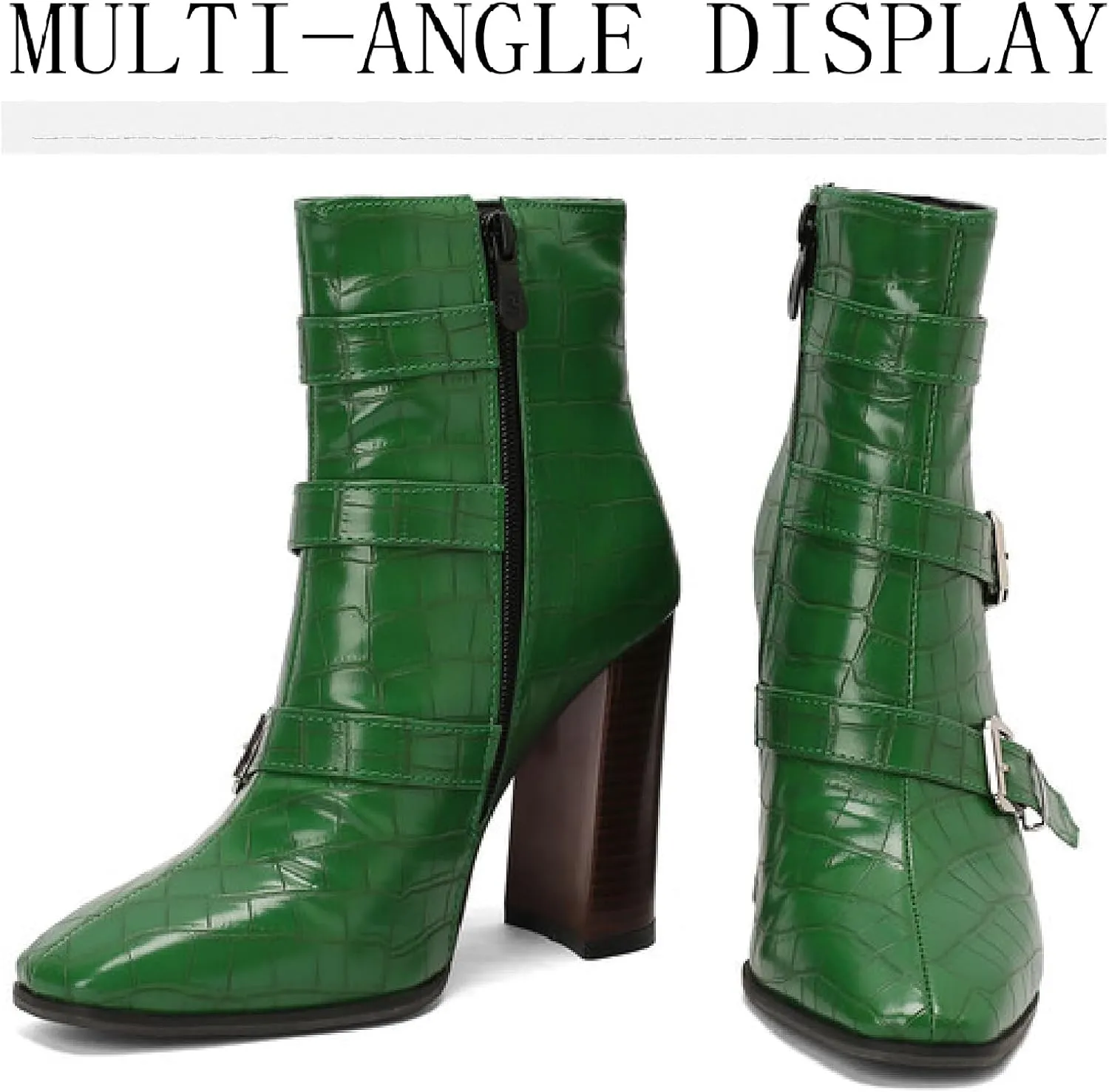 Women's Printed Leather Chunky High Heel Ankle Boots with Side Zipper Fashion Buckle Strap Pointed Toe Comfort Stack Heel Short Bootie Fall Winter Walking Dress Boots