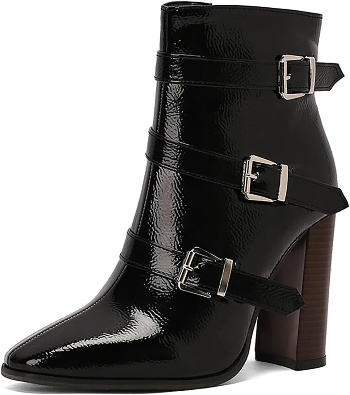 Women's Printed Leather Chunky High Heel Ankle Boots with Side Zipper Fashion Buckle Strap Pointed Toe Comfort Stack Heel Short Bootie Fall Winter Walking Dress Boots