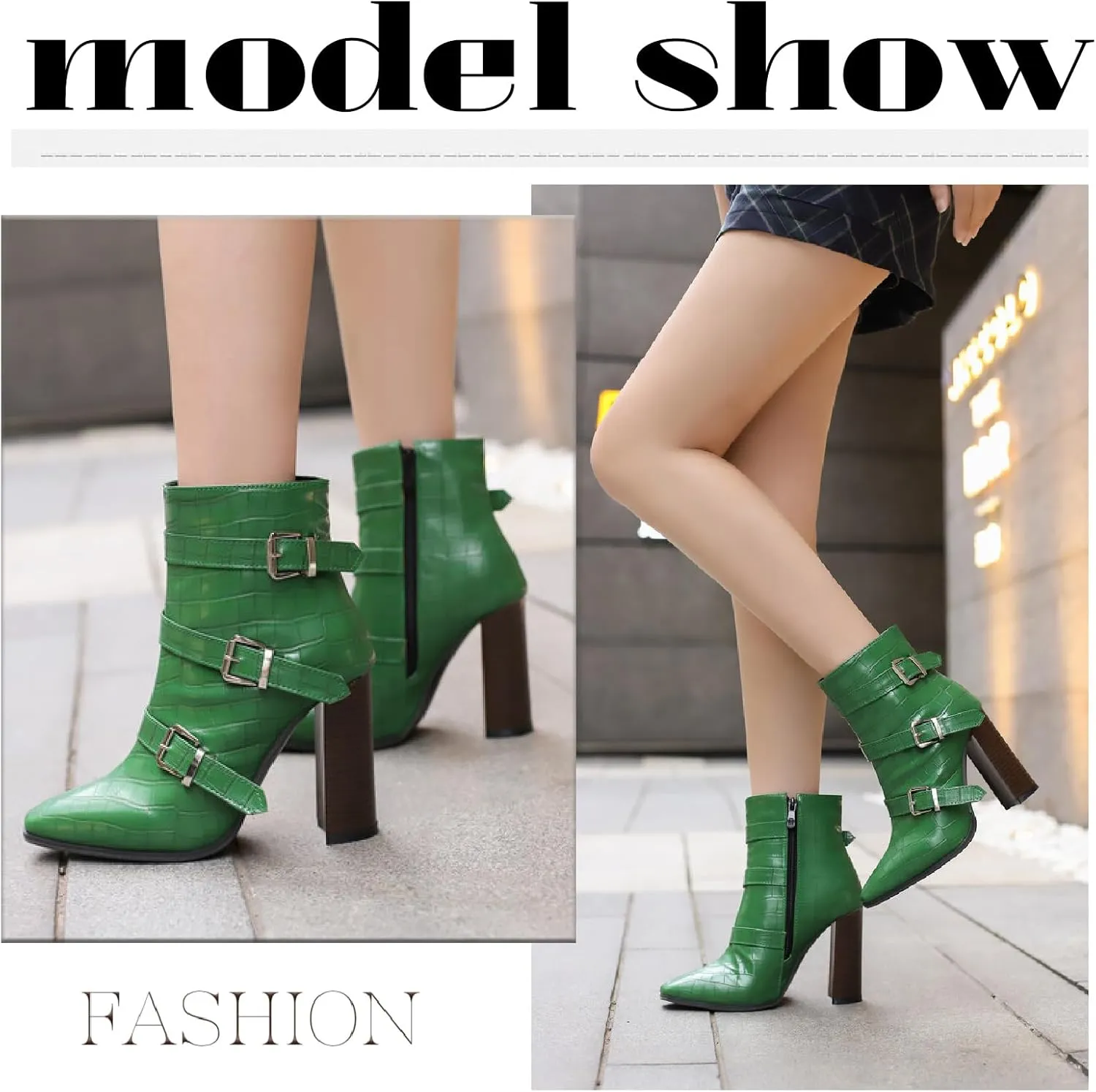 Women's Printed Leather Chunky High Heel Ankle Boots with Side Zipper Fashion Buckle Strap Pointed Toe Comfort Stack Heel Short Bootie Fall Winter Walking Dress Boots