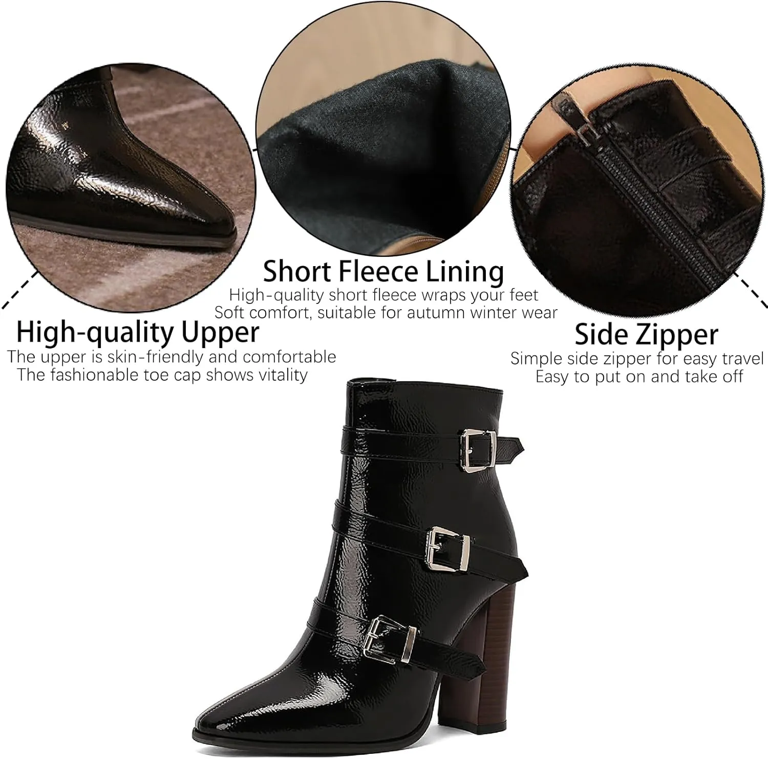 Women's Printed Leather Chunky High Heel Ankle Boots with Side Zipper Fashion Buckle Strap Pointed Toe Comfort Stack Heel Short Bootie Fall Winter Walking Dress Boots