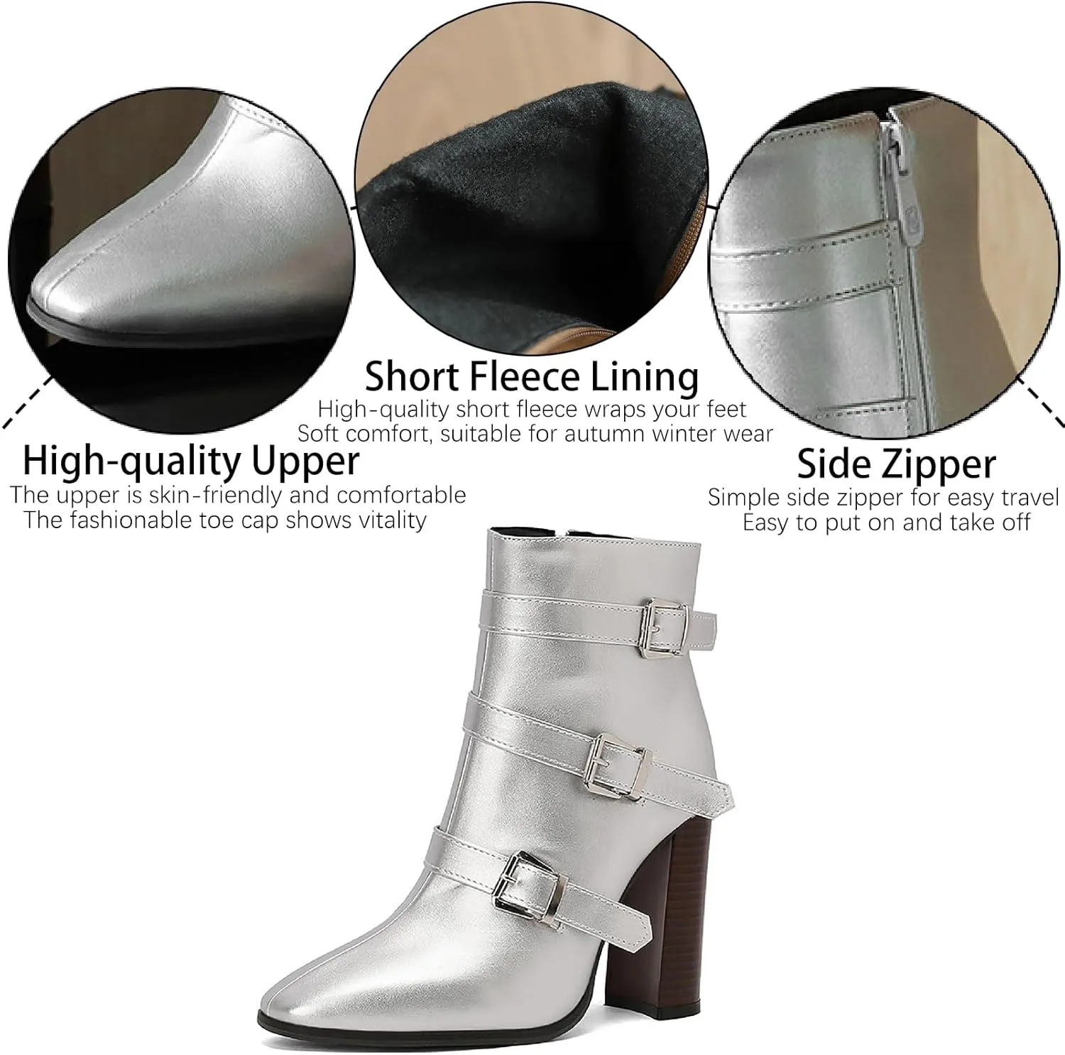 Women's Printed Leather Chunky High Heel Ankle Boots with Side Zipper Fashion Buckle Strap Pointed Toe Comfort Stack Heel Short Bootie Fall Winter Walking Dress Boots