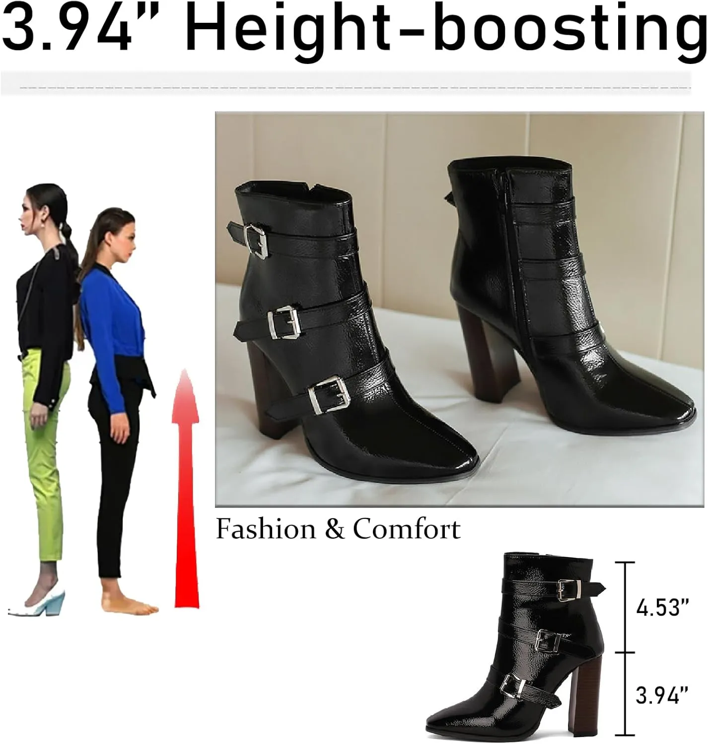 Women's Printed Leather Chunky High Heel Ankle Boots with Side Zipper Fashion Buckle Strap Pointed Toe Comfort Stack Heel Short Bootie Fall Winter Walking Dress Boots