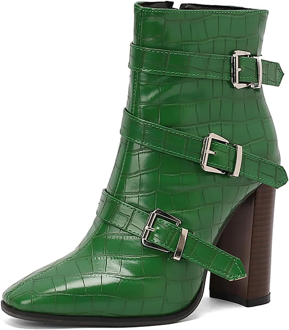 Women's Printed Leather Chunky High Heel Ankle Boots with Side Zipper Fashion Buckle Strap Pointed Toe Comfort Stack Heel Short Bootie Fall Winter Walking Dress Boots