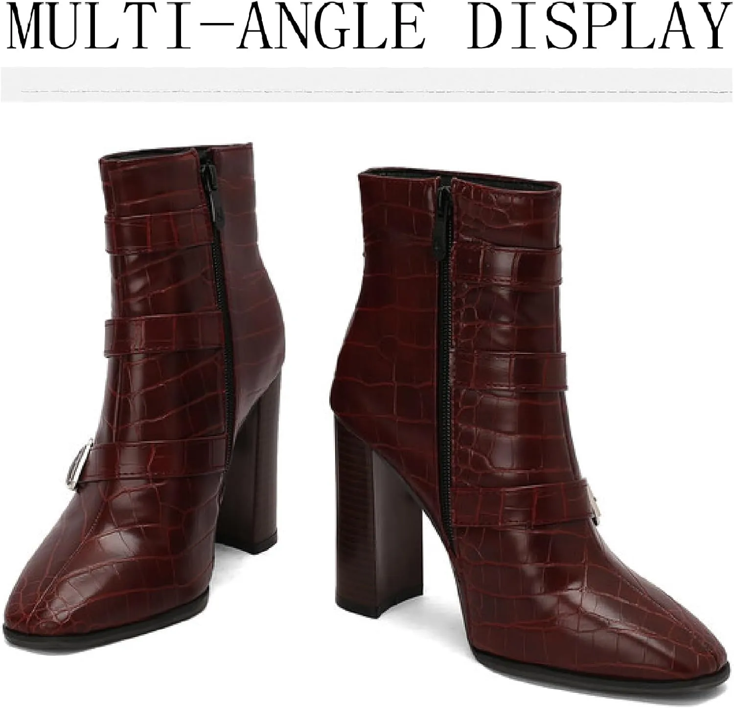Women's Printed Leather Chunky High Heel Ankle Boots with Side Zipper Fashion Buckle Strap Pointed Toe Comfort Stack Heel Short Bootie Fall Winter Walking Dress Boots