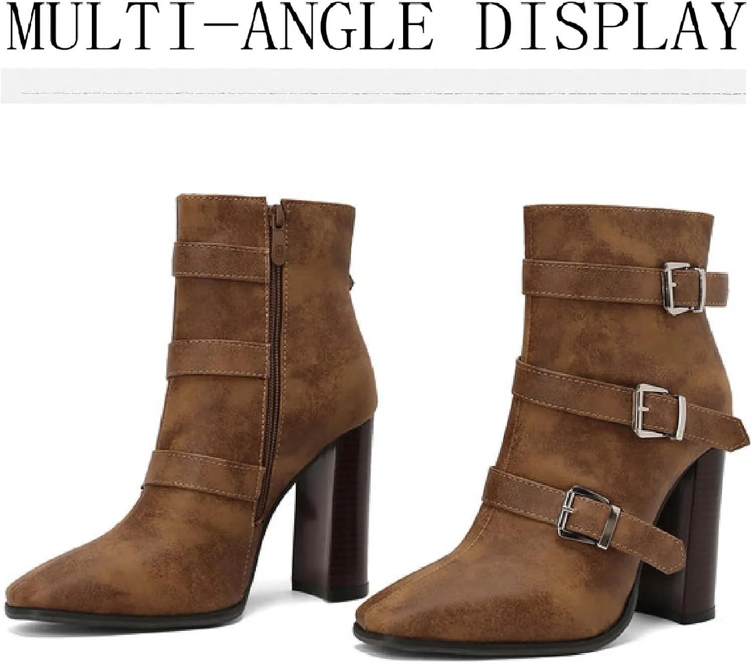 Women's Printed Leather Chunky High Heel Ankle Boots with Side Zipper Fashion Buckle Strap Pointed Toe Comfort Stack Heel Short Bootie Fall Winter Walking Dress Boots