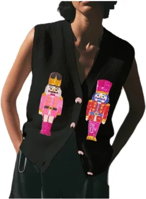 Women's Sequin Holiday Sweater Vest Vintage Embroidered Beaded Button Front Crochet Tank Y2K Novelty Knit Vest Tops