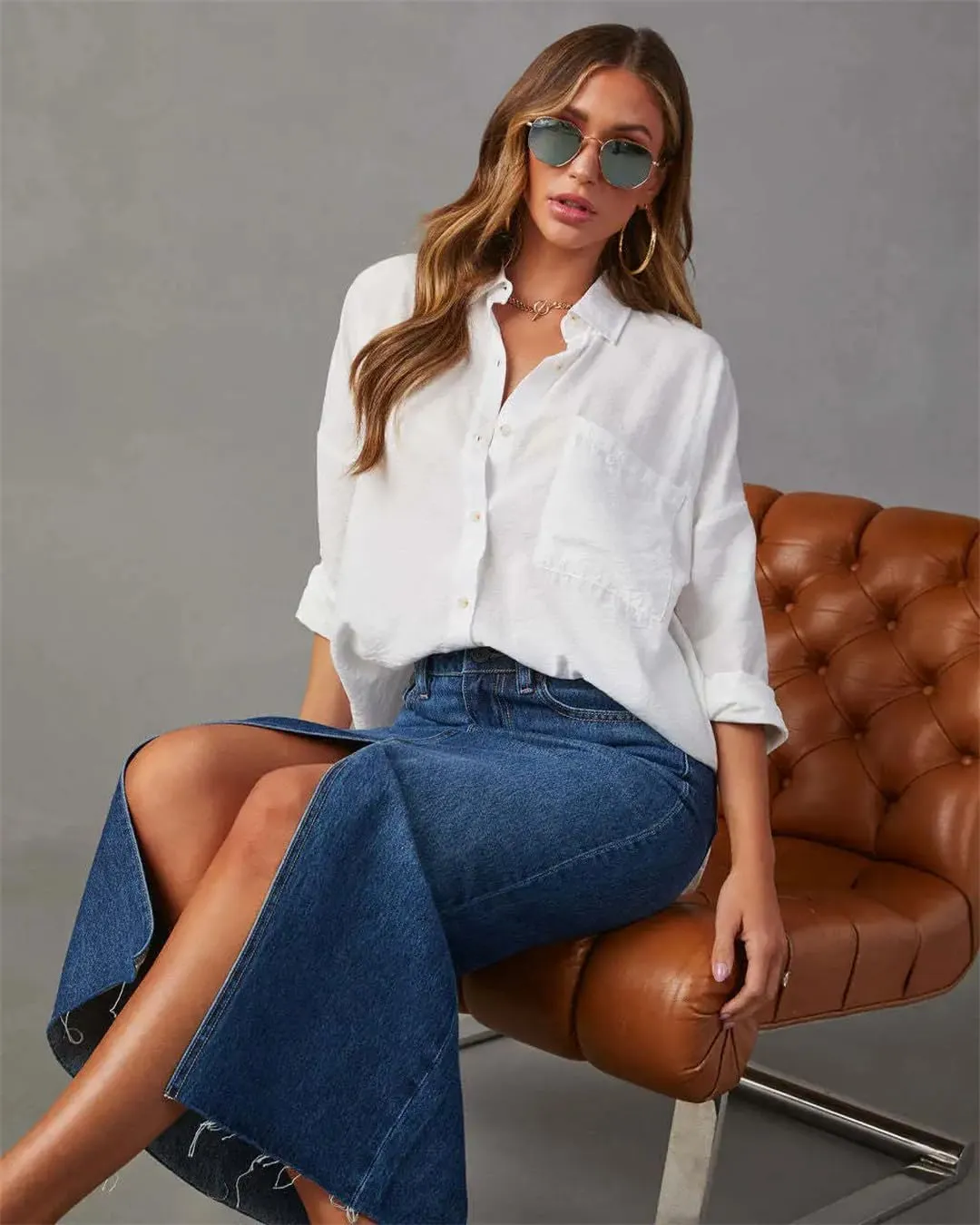 Women's Slim Fit Midi Denim Skirts High Waist Sexy Split Cotton Plain Retro Style Skirt