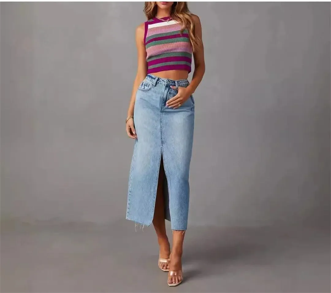 Women's Slim Fit Midi Denim Skirts High Waist Sexy Split Cotton Plain Retro Style Skirt