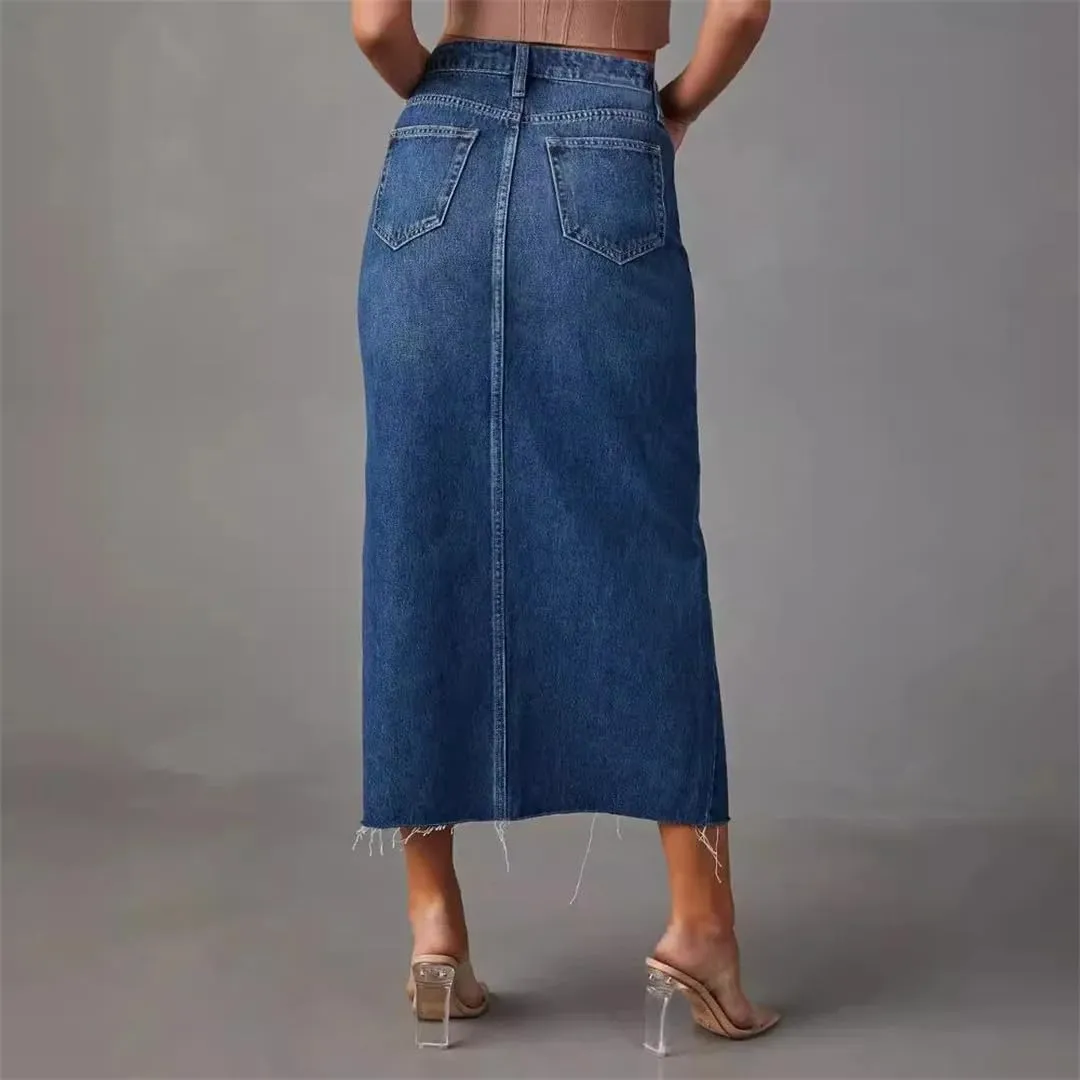Women's Slim Fit Midi Denim Skirts High Waist Sexy Split Cotton Plain Retro Style Skirt