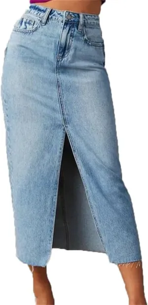 Women's Slim Fit Midi Denim Skirts High Waist Sexy Split Cotton Plain Retro Style Skirt