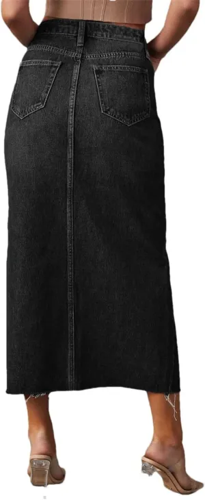 Women's Slim Fit Midi Denim Skirts High Waist Sexy Split Cotton Plain Retro Style Skirt