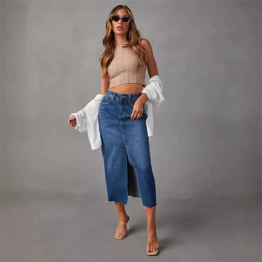 Women's Slim Fit Midi Denim Skirts High Waist Sexy Split Cotton Plain Retro Style Skirt
