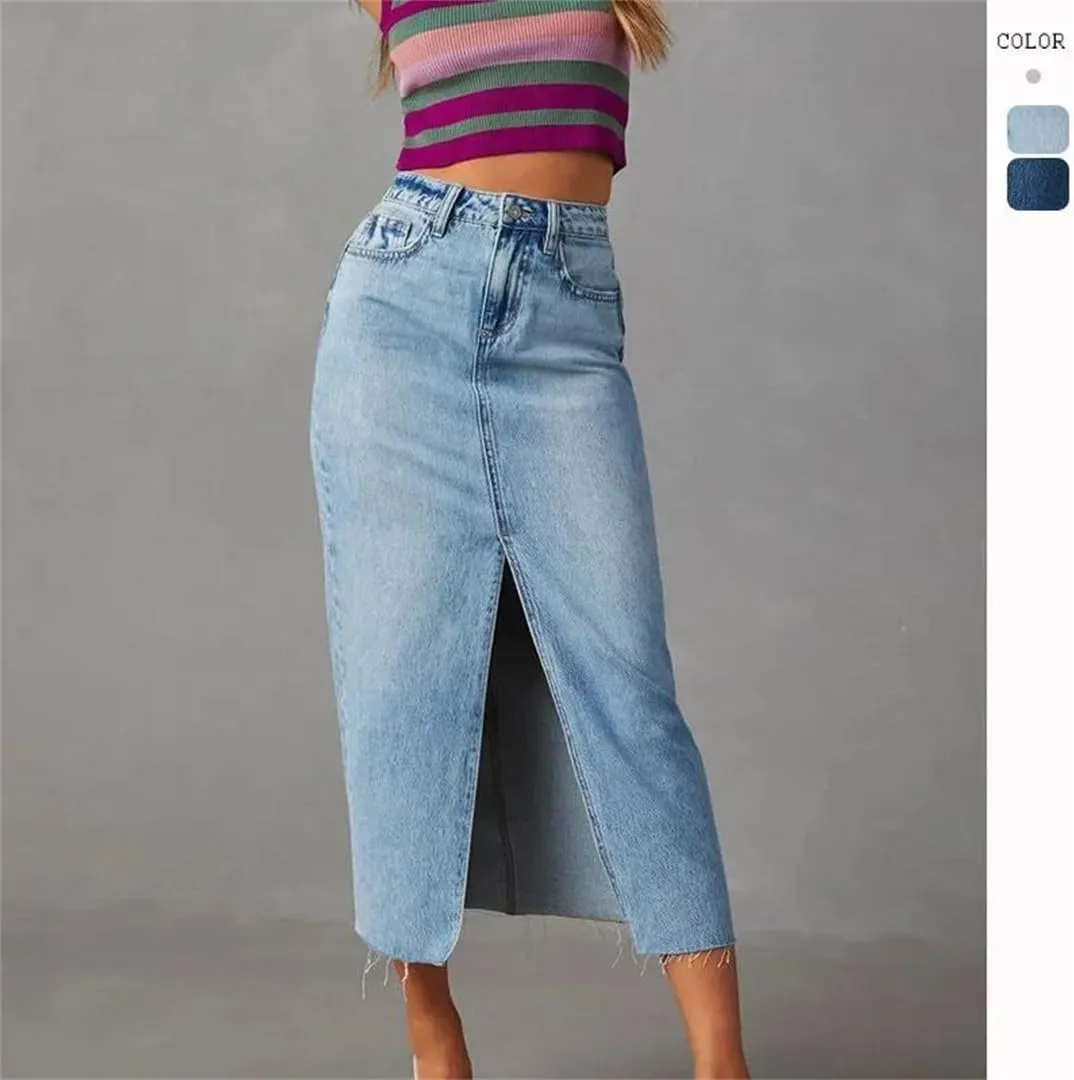 Women's Slim Fit Midi Denim Skirts High Waist Sexy Split Cotton Plain Retro Style Skirt
