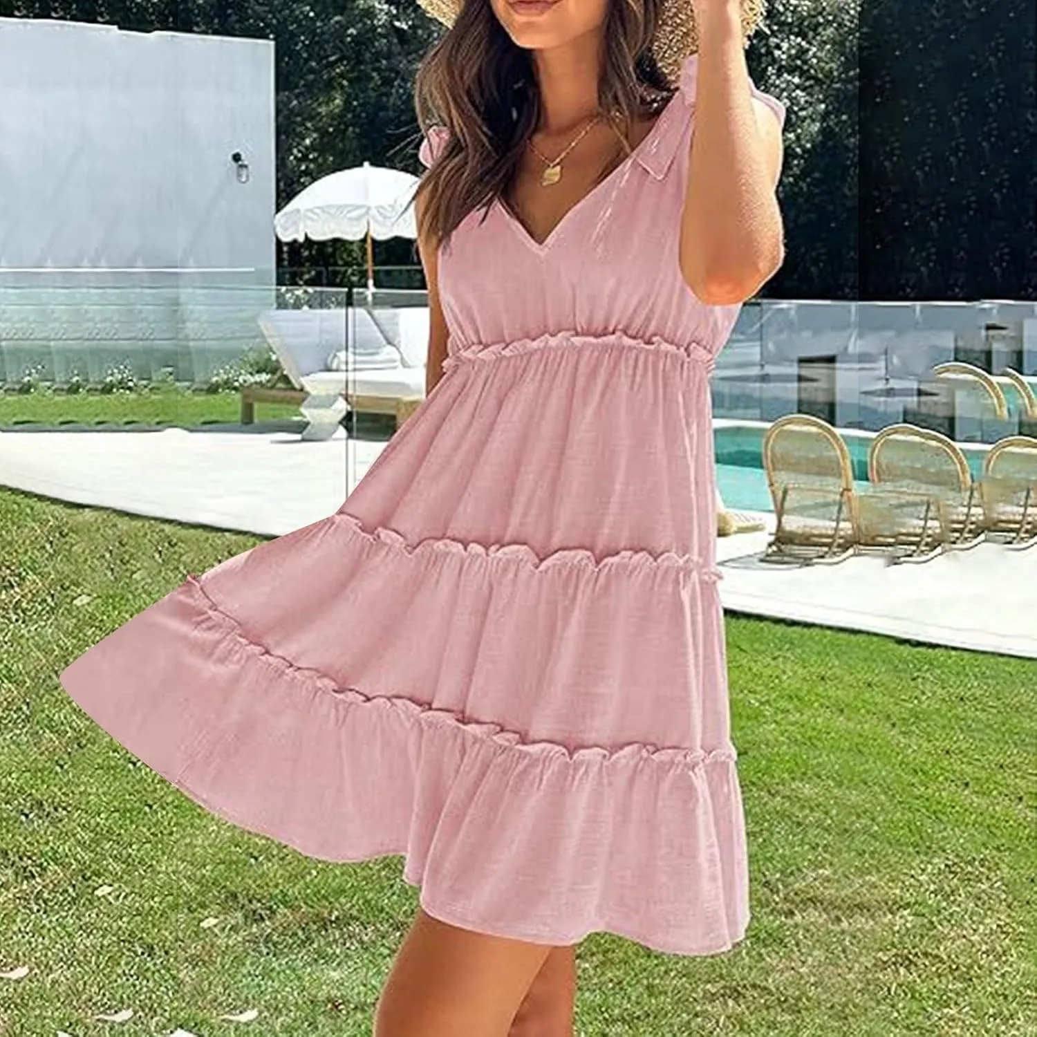 Womens Summer Casual Dress 2024 Tie Shoulder Tiered Sleeveless Mini Dress Ruffle V Neck A Line Swing Short
