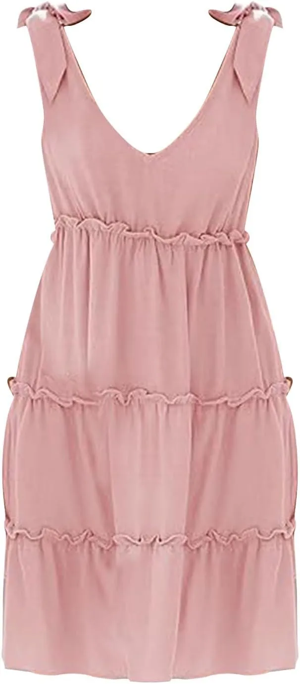 Womens Summer Casual Dress 2024 Tie Shoulder Tiered Sleeveless Mini Dress Ruffle V Neck A Line Swing Short