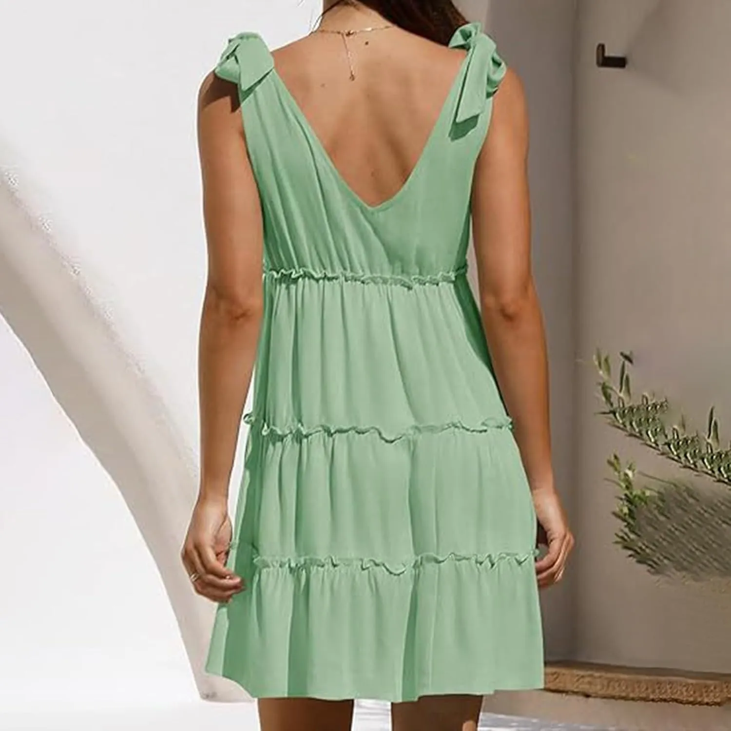 Womens Summer Casual Dress 2024 Tie Shoulder Tiered Sleeveless Mini Dress Ruffle V Neck A Line Swing Short