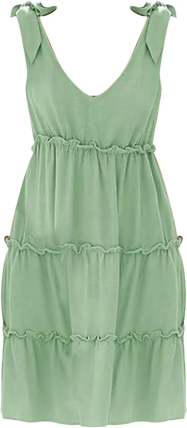 Womens Summer Casual Dress 2024 Tie Shoulder Tiered Sleeveless Mini Dress Ruffle V Neck A Line Swing Short