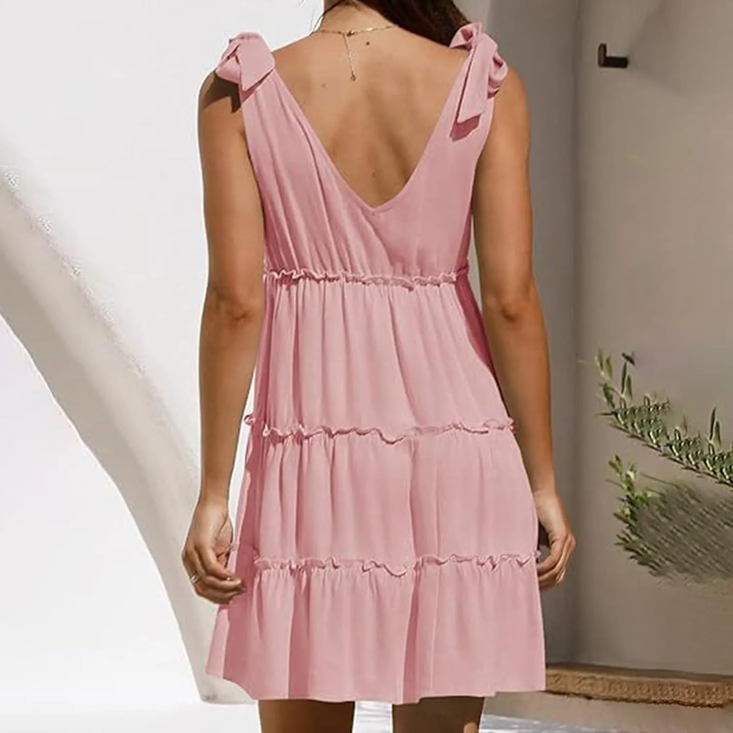 Womens Summer Casual Dress 2024 Tie Shoulder Tiered Sleeveless Mini Dress Ruffle V Neck A Line Swing Short