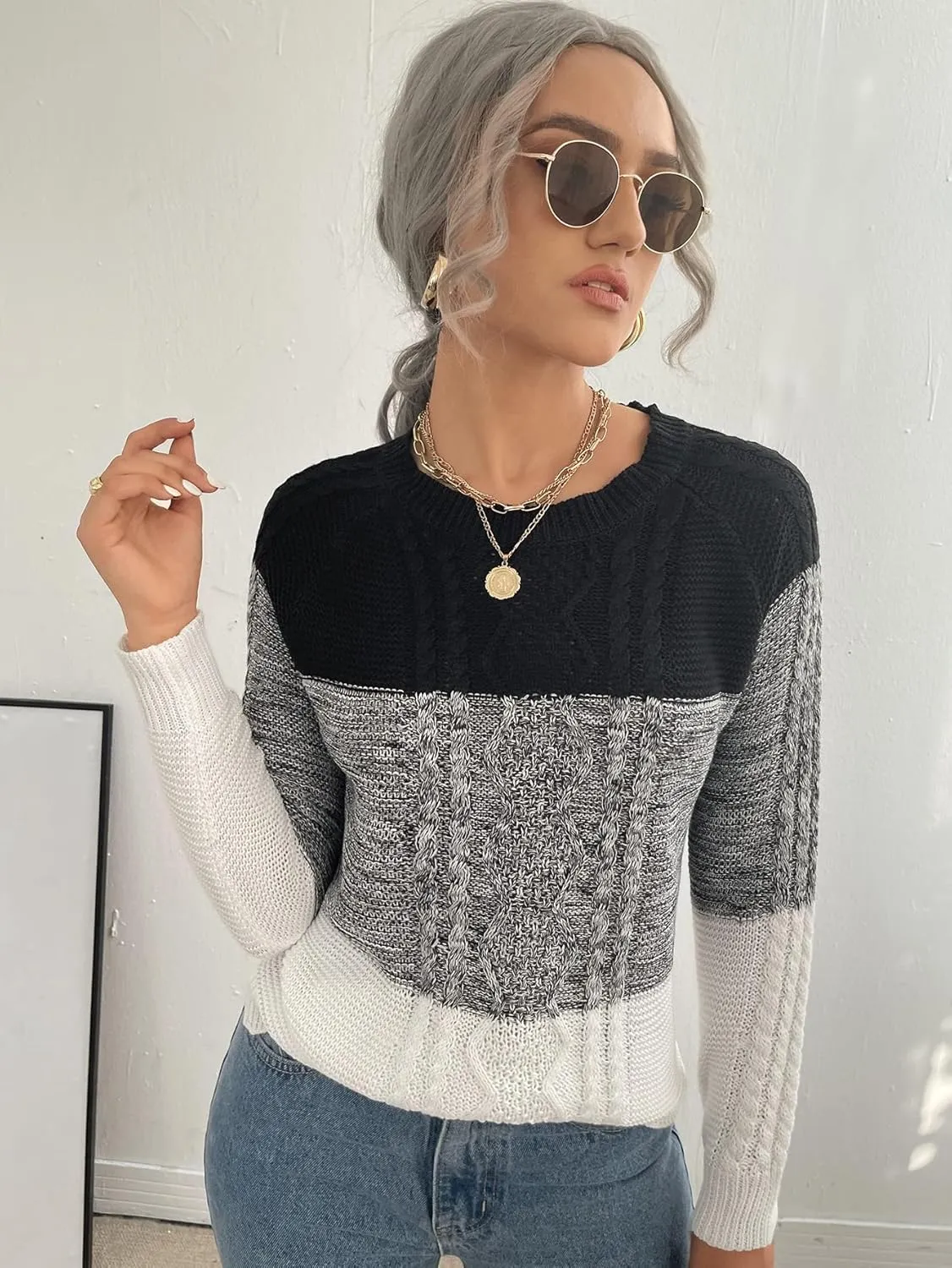 Women's Sweater Colorblock Cable Knit Sweater Sweater for Women (Size : Small)