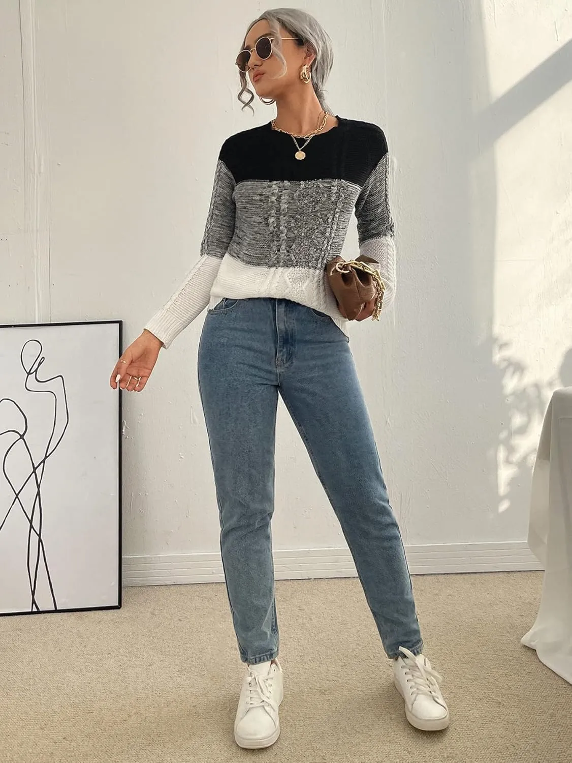 Women's Sweater Colorblock Cable Knit Sweater Sweater for Women (Size : Small)