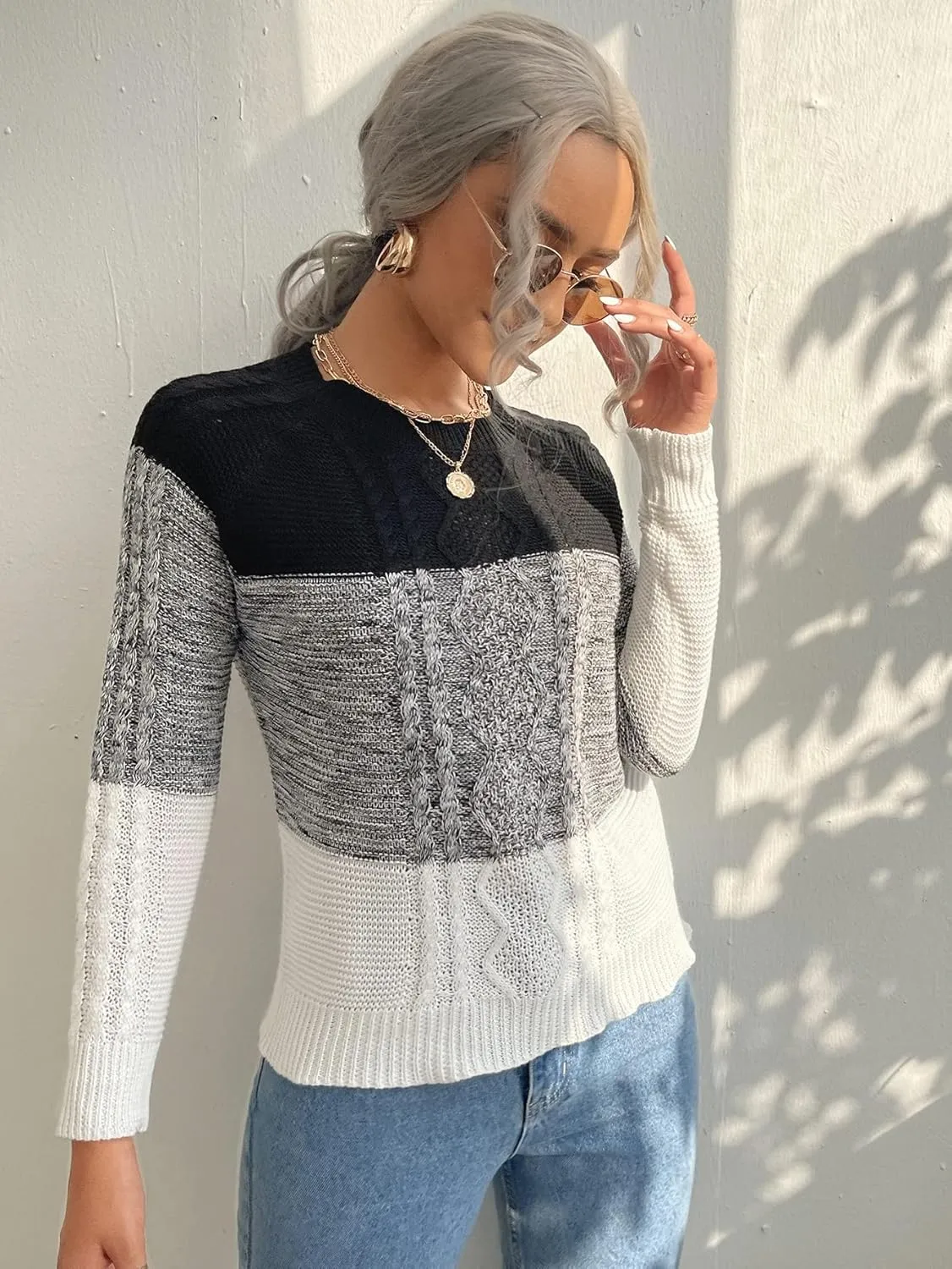 Women's Sweater Colorblock Cable Knit Sweater Sweater for Women (Size : Small)