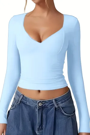 Womens T Shirts Sexy V Neck Long Sleeve Going Out 2025 Casual Workout Outfits Crop Tops Slim Fit Y2K Clothing