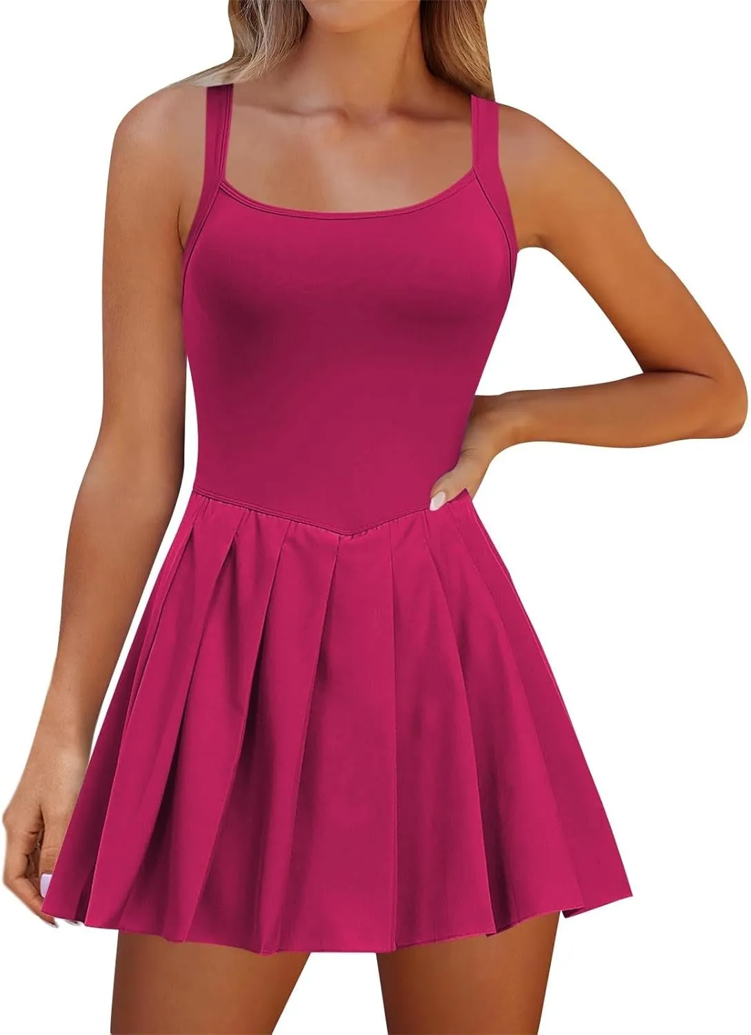 Womens Tennis Dress Sleeveless Athletic Workout Dress with Built in Shorts Cute Pleated Mini Golf Romper Dresses