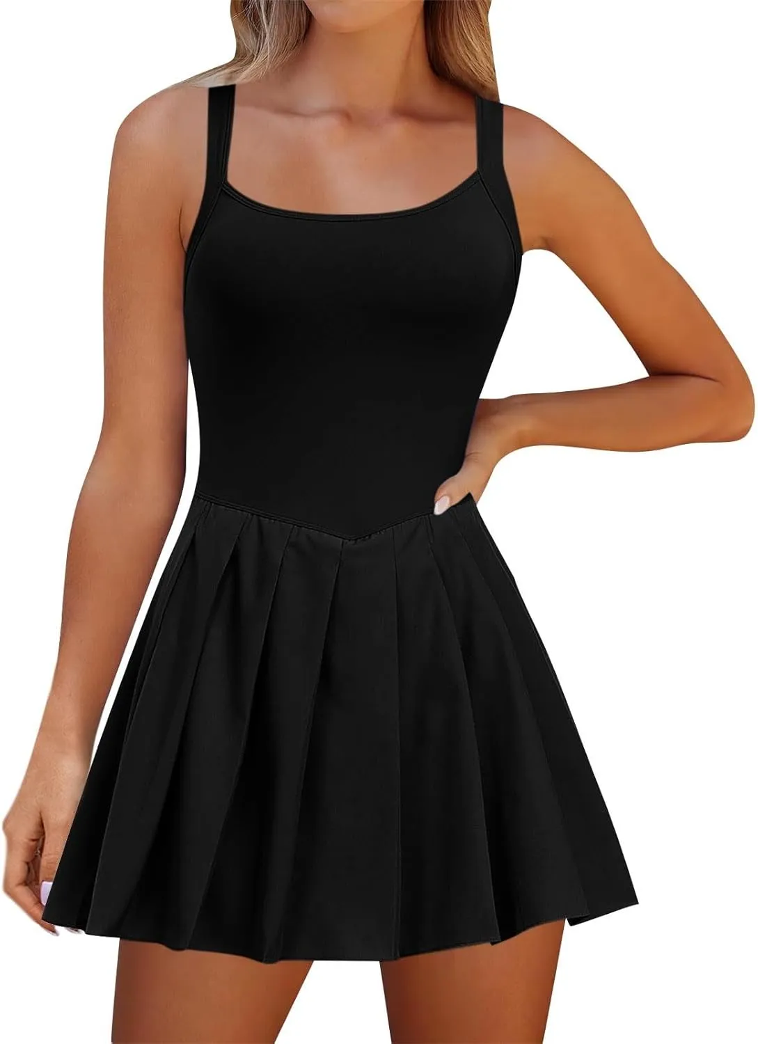 Womens Tennis Dress Sleeveless Athletic Workout Dress with Built in Shorts Cute Pleated Mini Golf Romper Dresses