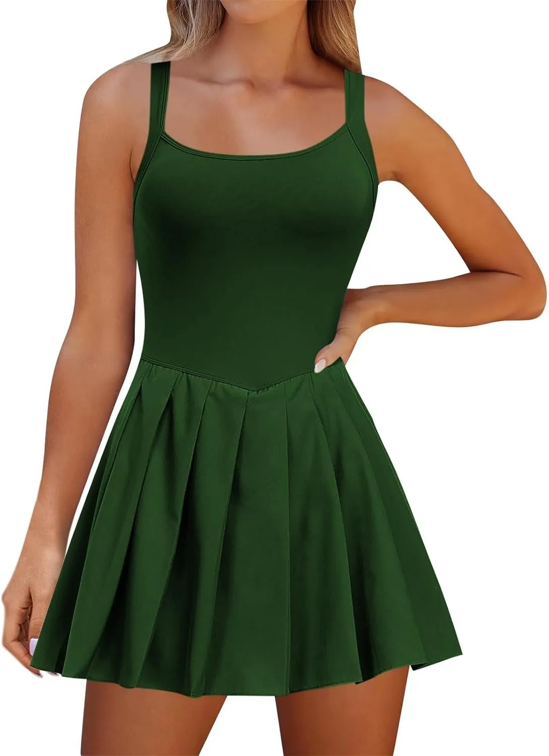Womens Tennis Dress Sleeveless Athletic Workout Dress with Built in Shorts Cute Pleated Mini Golf Romper Dresses