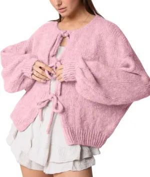 Women's Tie Front Bow Cardigan Sweaters Oversized Chunky Long Sleeve Open Front Knit Sweater Tops