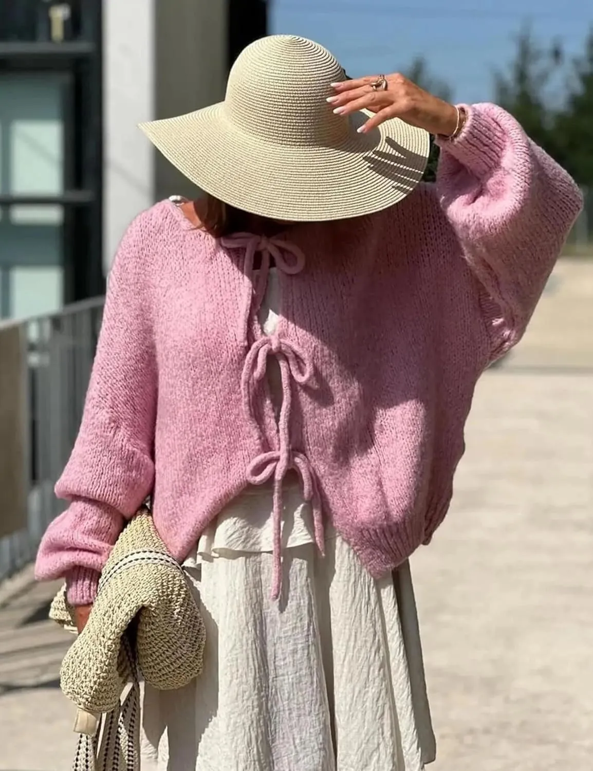 Women's Tie Front Bow Cardigan Sweaters Oversized Chunky Long Sleeve Open Front Knit Sweater Tops