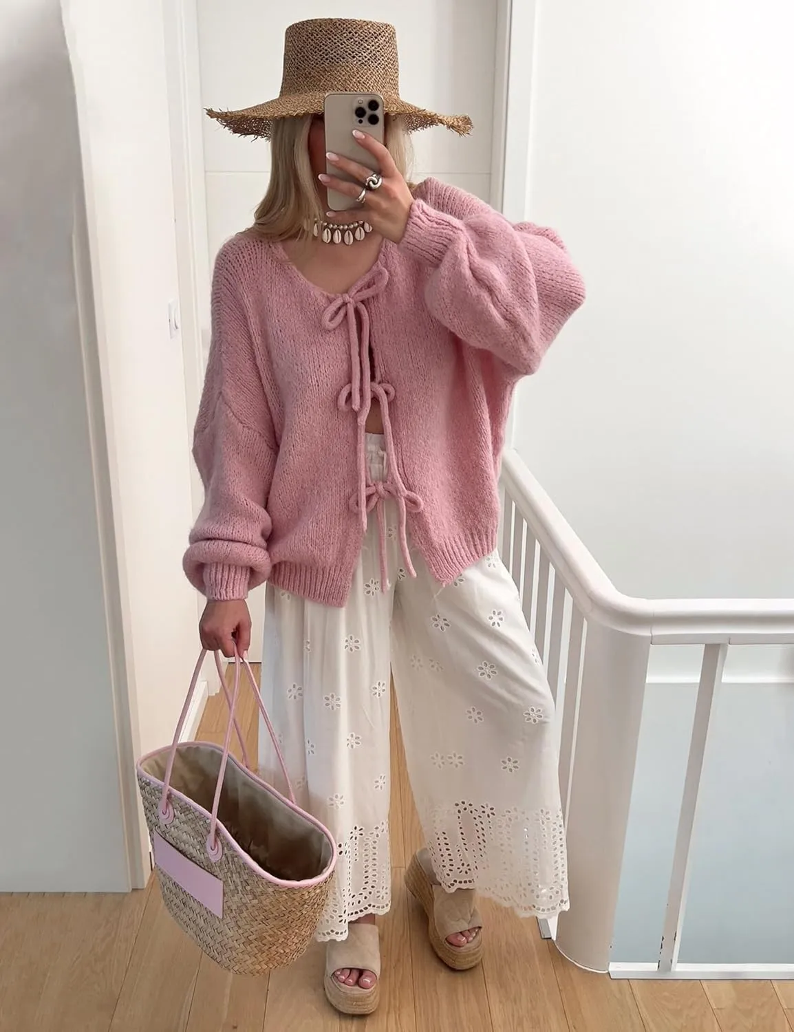 Women's Tie Front Bow Cardigan Sweaters Oversized Chunky Long Sleeve Open Front Knit Sweater Tops
