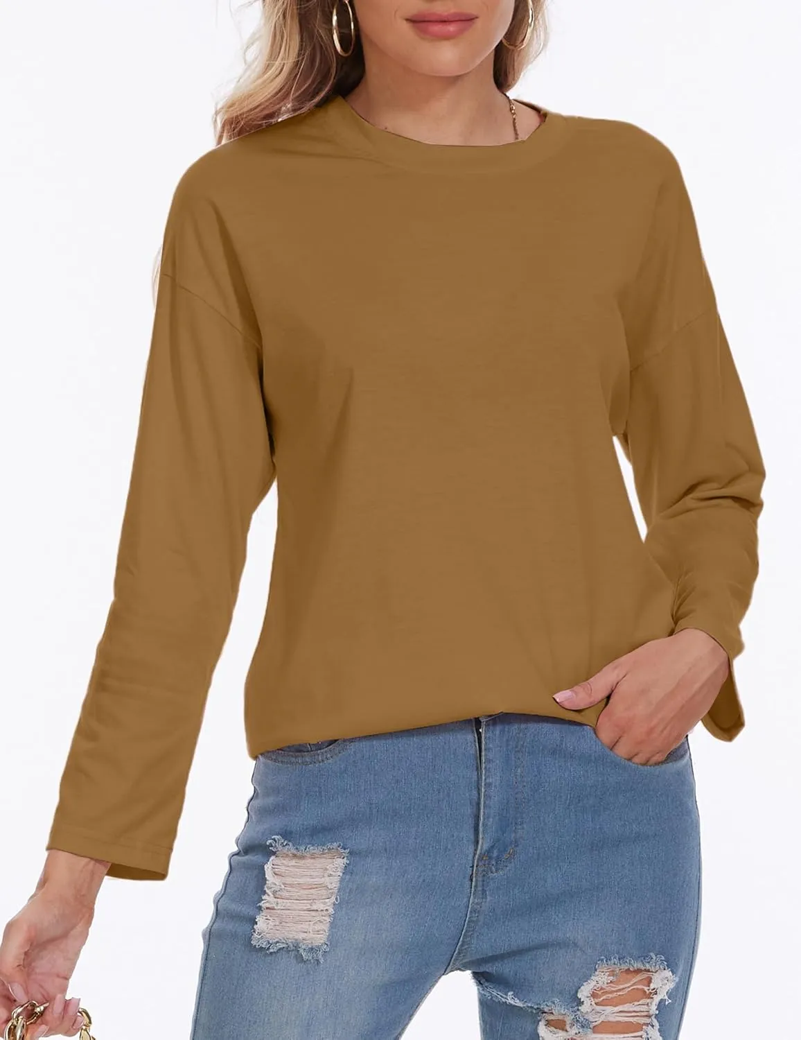 Womens Tunic Top Oversized Crew Neck T Shirts Loose Long Sleeve Comfy Cozy Cotton Lounge Blouses