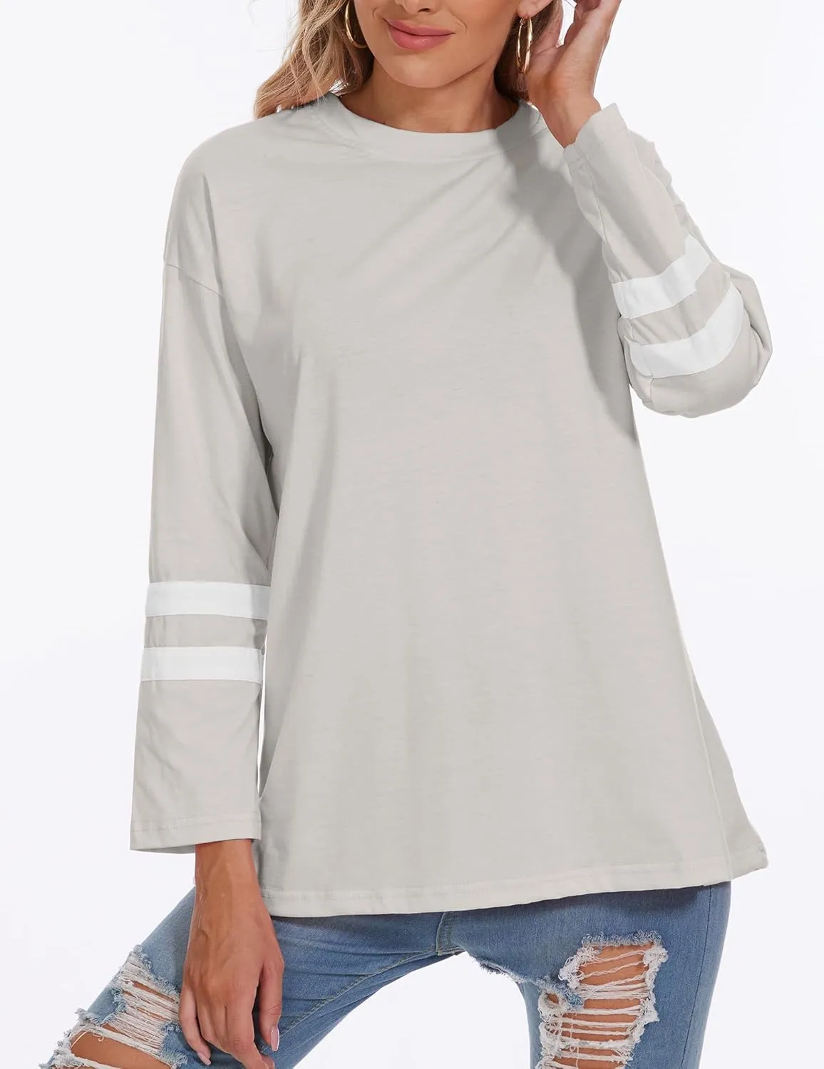 Womens Tunic Top Oversized Crew Neck T Shirts Loose Long Sleeve Comfy Cozy Cotton Lounge Blouses