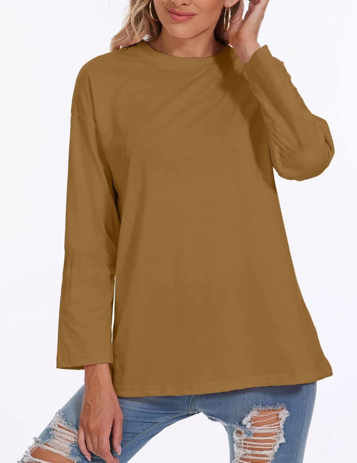 Womens Tunic Top Oversized Crew Neck T Shirts Loose Long Sleeve Comfy Cozy Cotton Lounge Blouses