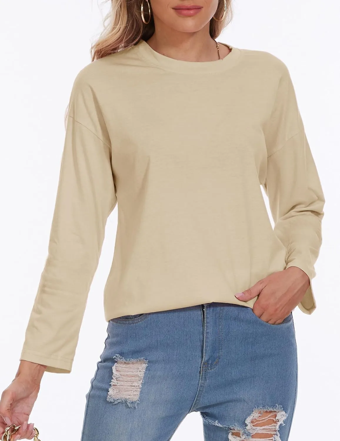 Womens Tunic Top Oversized Crew Neck T Shirts Loose Long Sleeve Comfy Cozy Cotton Lounge Blouses