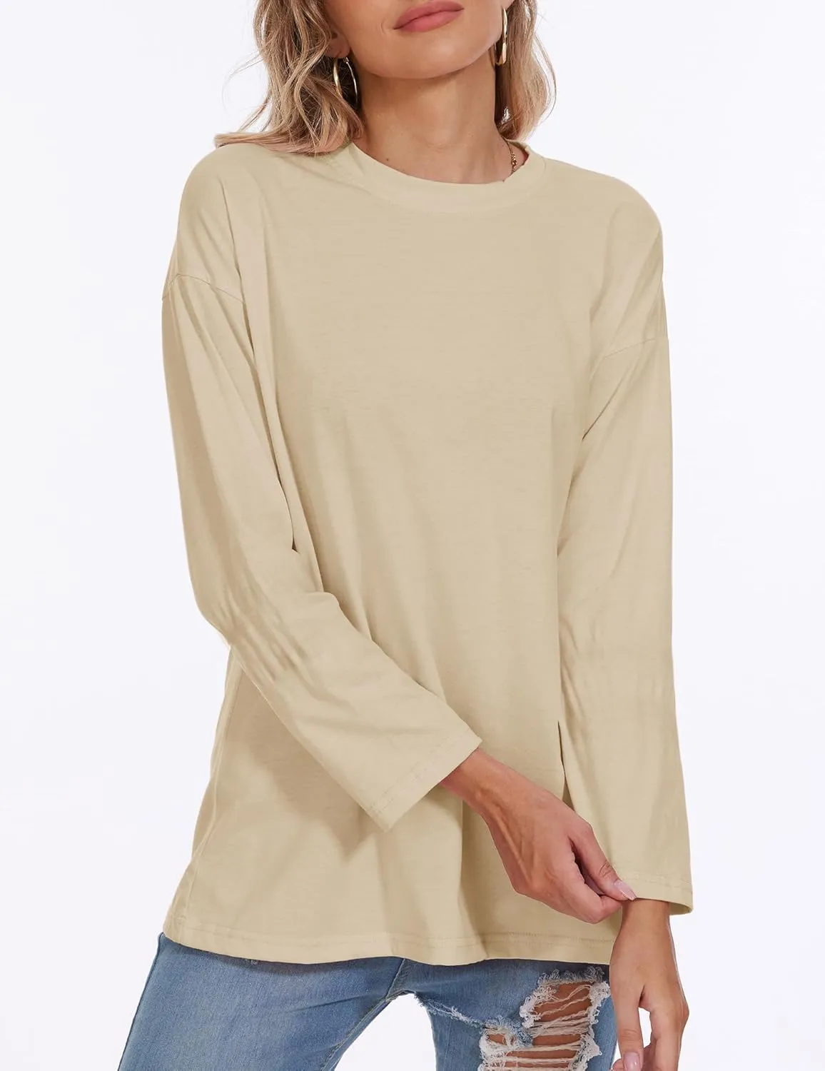 Womens Tunic Top Oversized Crew Neck T Shirts Loose Long Sleeve Comfy Cozy Cotton Lounge Blouses