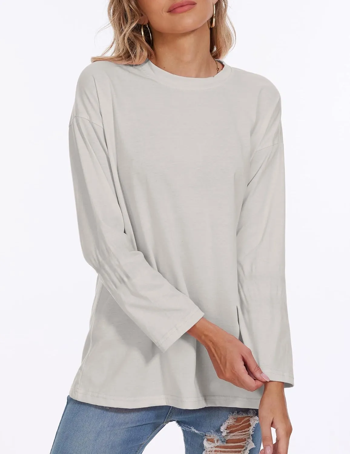 Womens Tunic Top Oversized Crew Neck T Shirts Loose Long Sleeve Comfy Cozy Cotton Lounge Blouses