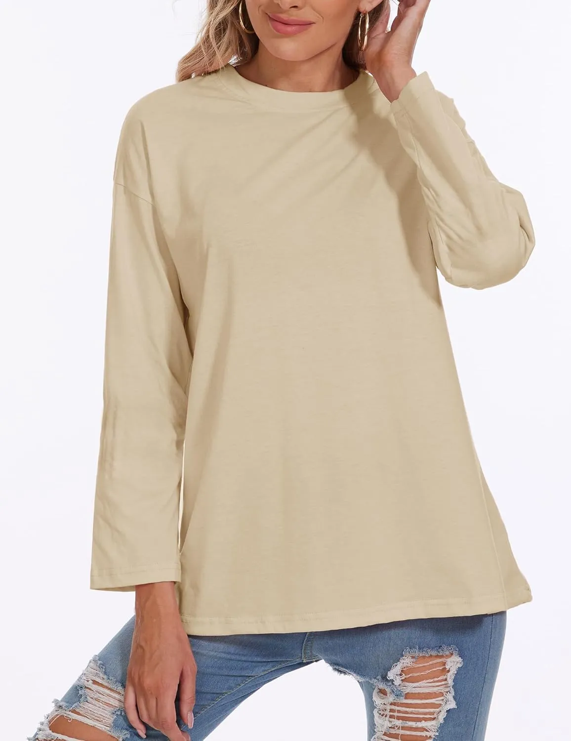 Womens Tunic Top Oversized Crew Neck T Shirts Loose Long Sleeve Comfy Cozy Cotton Lounge Blouses