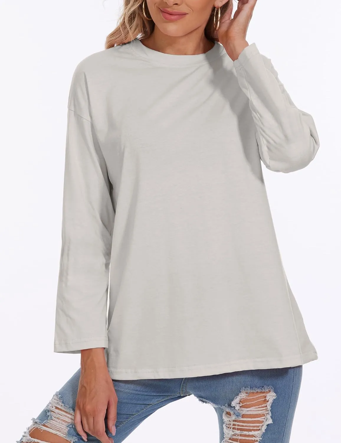 Womens Tunic Top Oversized Crew Neck T Shirts Loose Long Sleeve Comfy Cozy Cotton Lounge Blouses