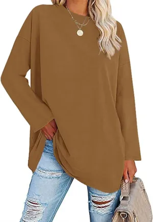 Womens Tunic Top Oversized Crew Neck T Shirts Loose Long Sleeve Comfy Cozy Cotton Lounge Blouses