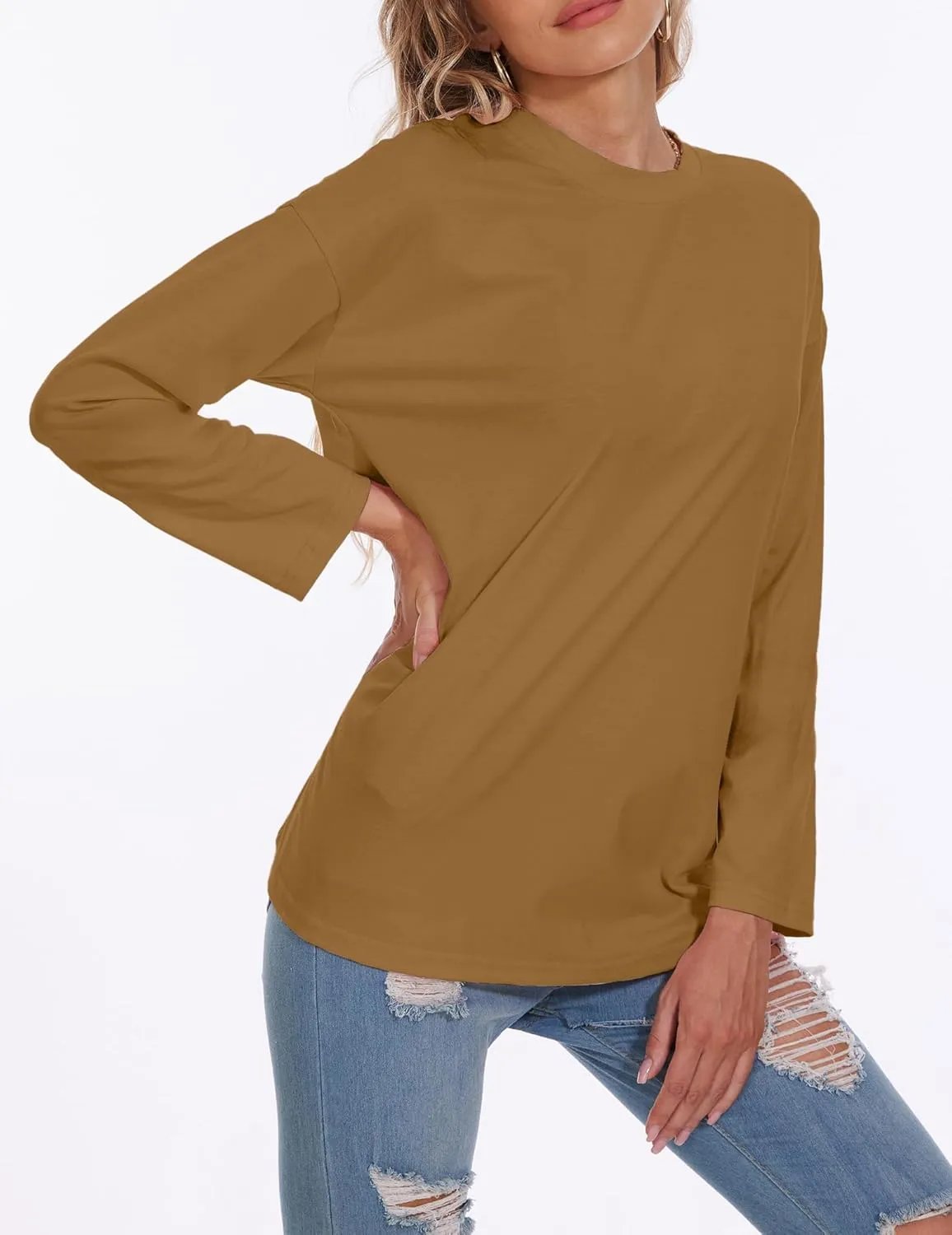Womens Tunic Top Oversized Crew Neck T Shirts Loose Long Sleeve Comfy Cozy Cotton Lounge Blouses