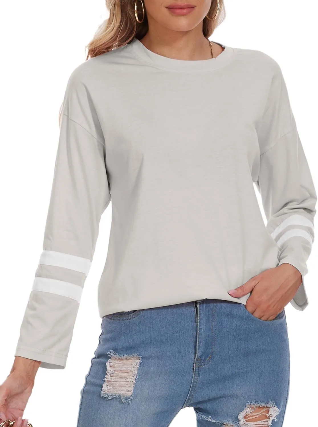Womens Tunic Top Oversized Crew Neck T Shirts Loose Long Sleeve Comfy Cozy Cotton Lounge Blouses