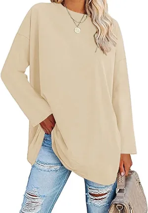 Womens Tunic Top Oversized Crew Neck T Shirts Loose Long Sleeve Comfy Cozy Cotton Lounge Blouses