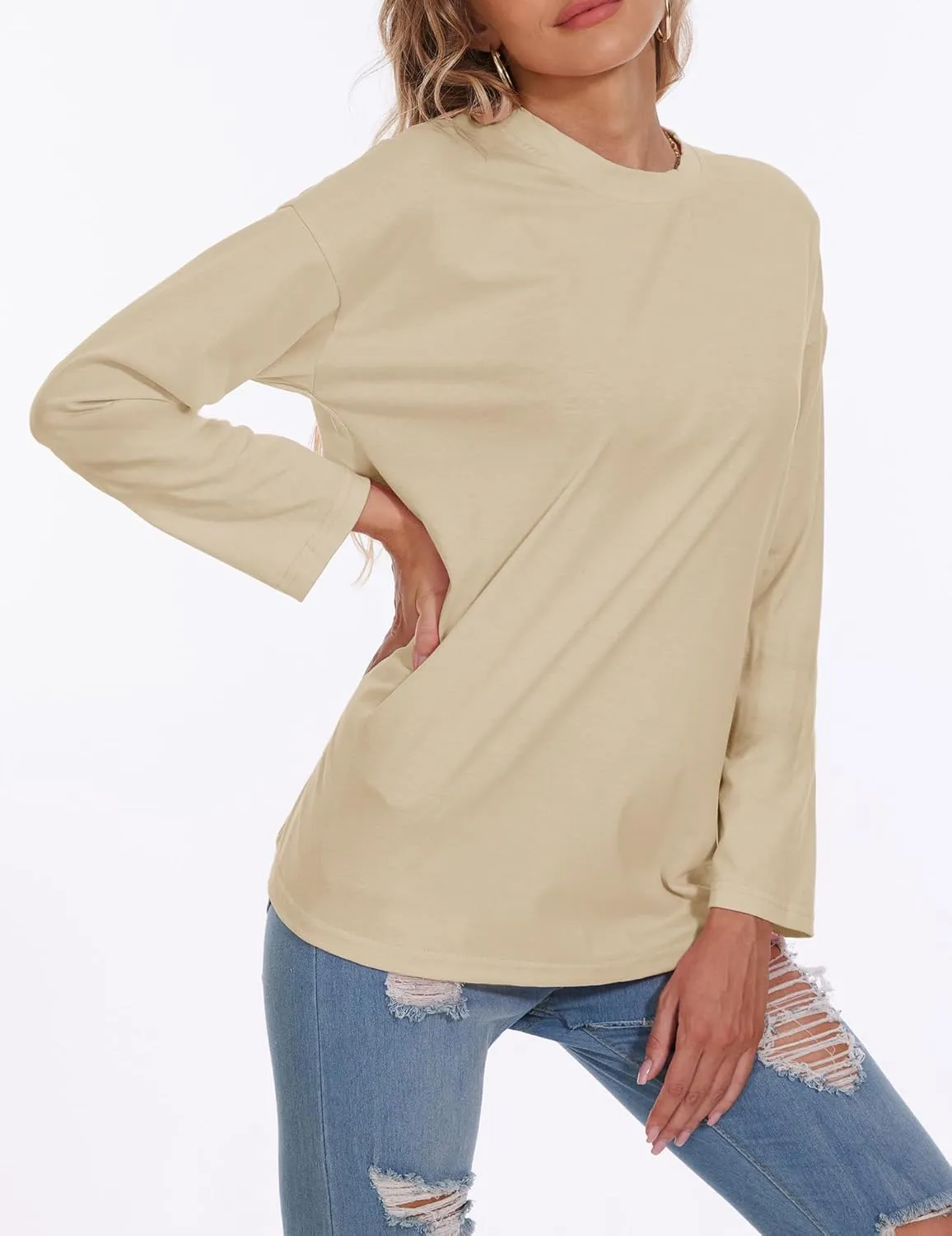 Womens Tunic Top Oversized Crew Neck T Shirts Loose Long Sleeve Comfy Cozy Cotton Lounge Blouses