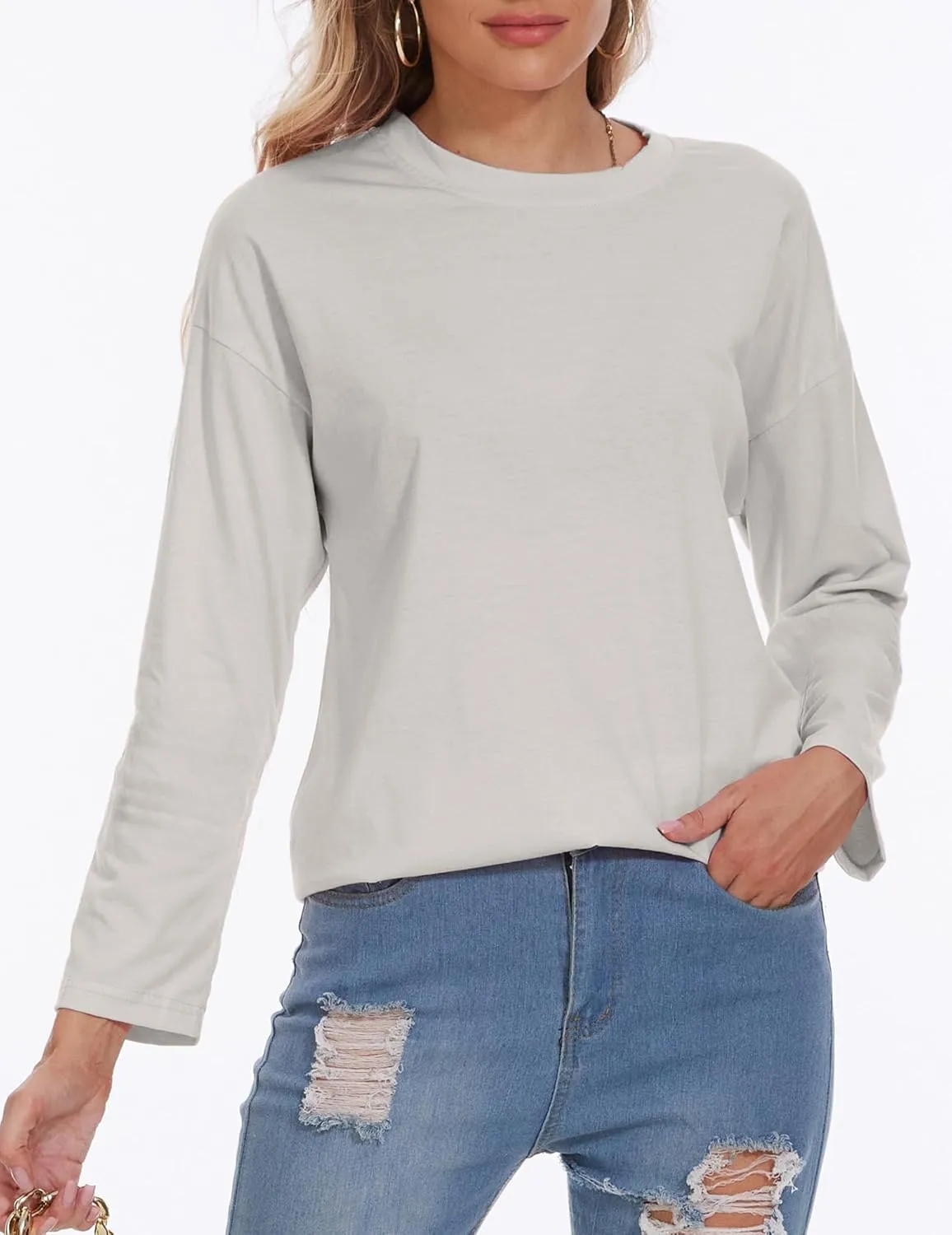 Womens Tunic Top Oversized Crew Neck T Shirts Loose Long Sleeve Comfy Cozy Cotton Lounge Blouses