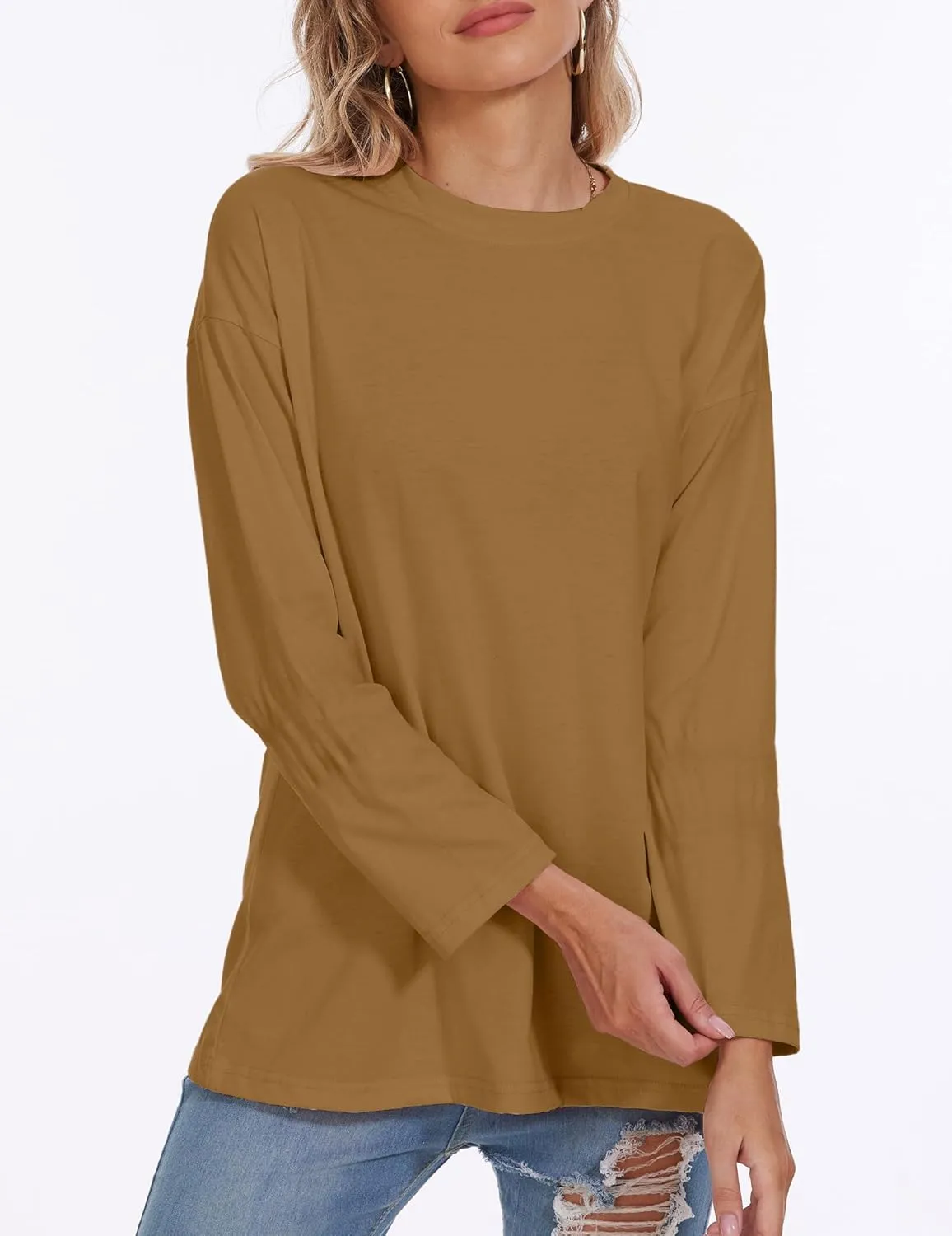 Womens Tunic Top Oversized Crew Neck T Shirts Loose Long Sleeve Comfy Cozy Cotton Lounge Blouses
