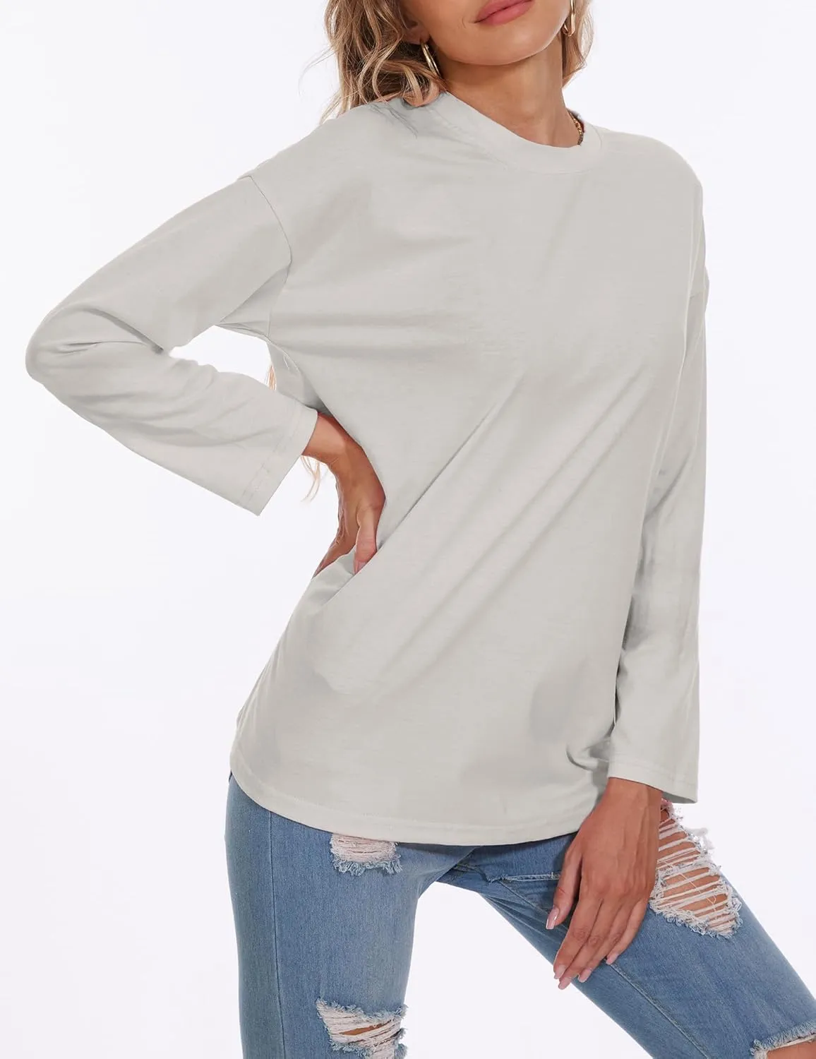 Womens Tunic Top Oversized Crew Neck T Shirts Loose Long Sleeve Comfy Cozy Cotton Lounge Blouses